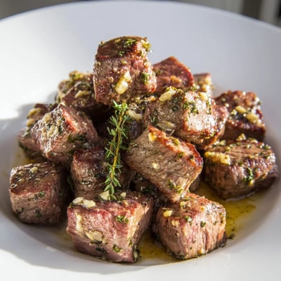 Golden seared Garlic Butter Steak Bites in a pan, featuring tender cubes coated in rich garlic butter sauce. 
