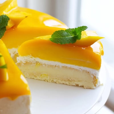 Fluffy mango mousse cake layered over golden sponge and topped with vibrant glaze, perfect for summer gatherings and celebrations.