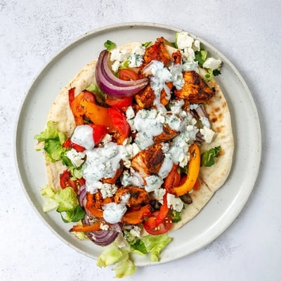 Warm pita bread stuffed with juicy chicken, crisp lettuce, and drizzled with creamy herby ranch sauce for dinner.