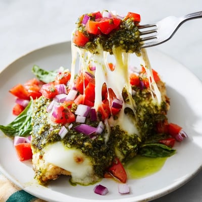 Baked chicken breasts topped with vibrant pesto, juicy diced tomatoes, and bubbly cheese