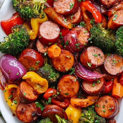 Caramelized smoked sausage with tender broccoli, bell peppers, and red onion drizzled with sweet savory honey garlic sauce