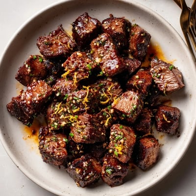 Plated Cowboy Butter Steak Bites glistening with butter, served with roasted potatoes