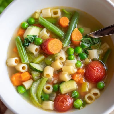 Homestyle Spring Minestrone Soup Recipe with tender pasta, bright cherry tomatoes.