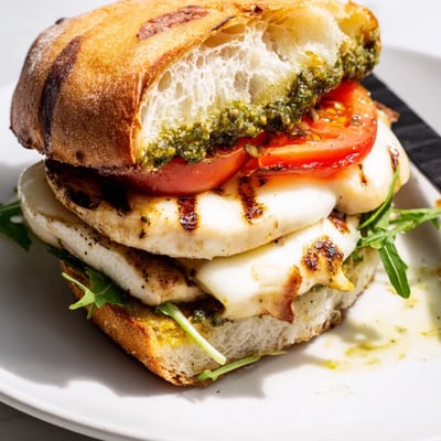 Skillet-grilled chicken and herbaceous pesto define this Chicken Pesto Sandwich, served warm