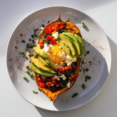 Oven roasted sweet potato halves filled with sautéed vegetables, creamy avocado, and perfectly cooked eggs