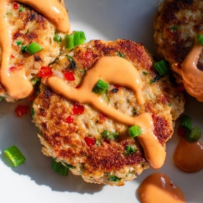 Crispy pan-fried Asian tuna cakes served with creamy spicy mayo dipping sauce
