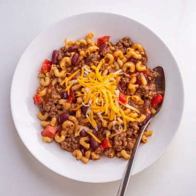 Hearty bowl of chili mac and cheese loaded with ground beef and cheddar